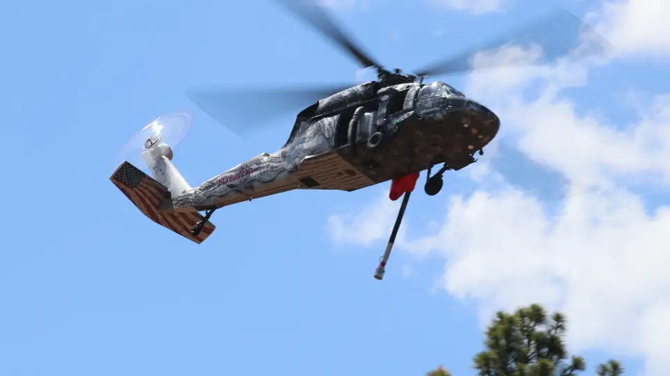 UH-60 Black Hawk in flight over pine trees, with a flag-painted tail