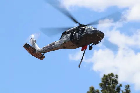 UH-60 Black Hawk in flight over pine trees, with a flag-painted tail