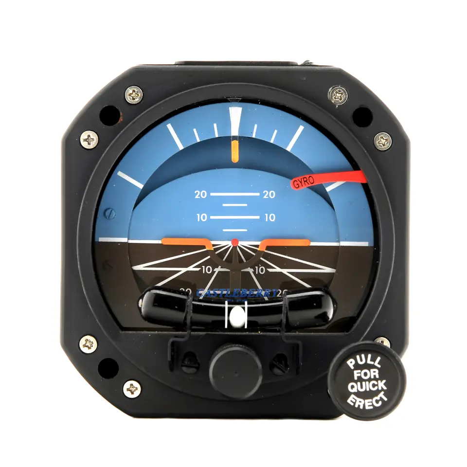 Castleberry 300-14 attitude indicator in a round 3-inch case, with a Pull for Quick Erect knob