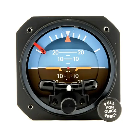 Castleberry 900-23EH electric attitude indicator with a gyro warning flag and a Pull for Quick Erect knob
