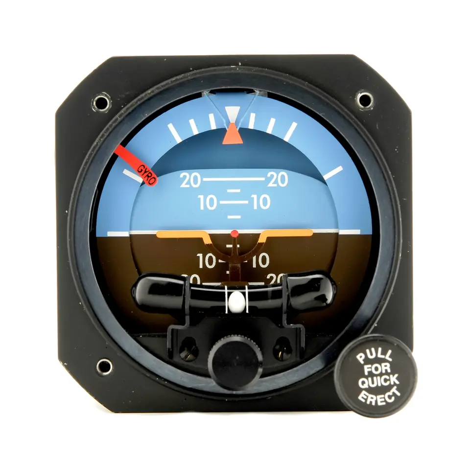 Castleberry 900-23EH electric attitude indicator with a gyro warning flag and a Pull for Quick Erect knob