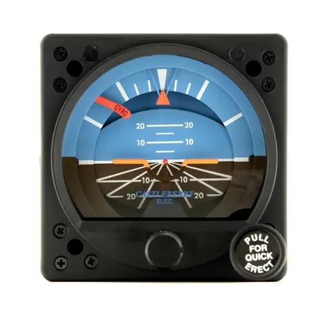 Castleberry 900-23EPAR electric attitude indicator, marked Castleberry Elec., with a Pull for Quick Erect knob