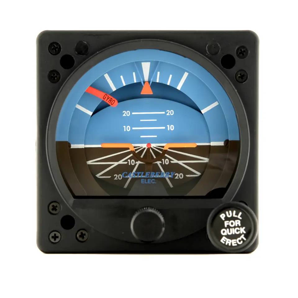 Castleberry 900-23EPAR electric attitude indicator, marked Castleberry Elec., with a Pull for Quick Erect knob