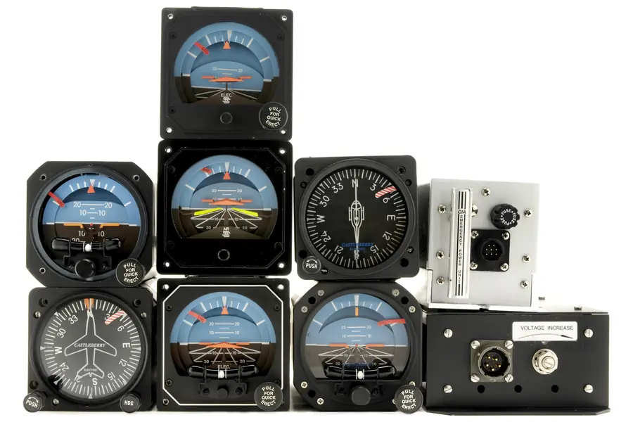 The Castleberry gyro line: attitude indicators, flight director gyros, directional gyros and accessories stacked together