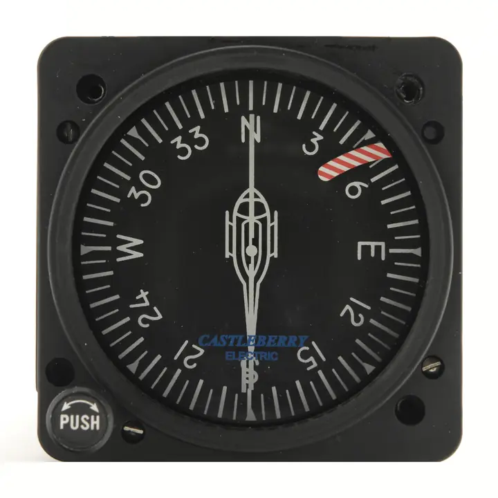 Castleberry electric directional gyro with a helicopter symbol, compass card and push-to-set knob